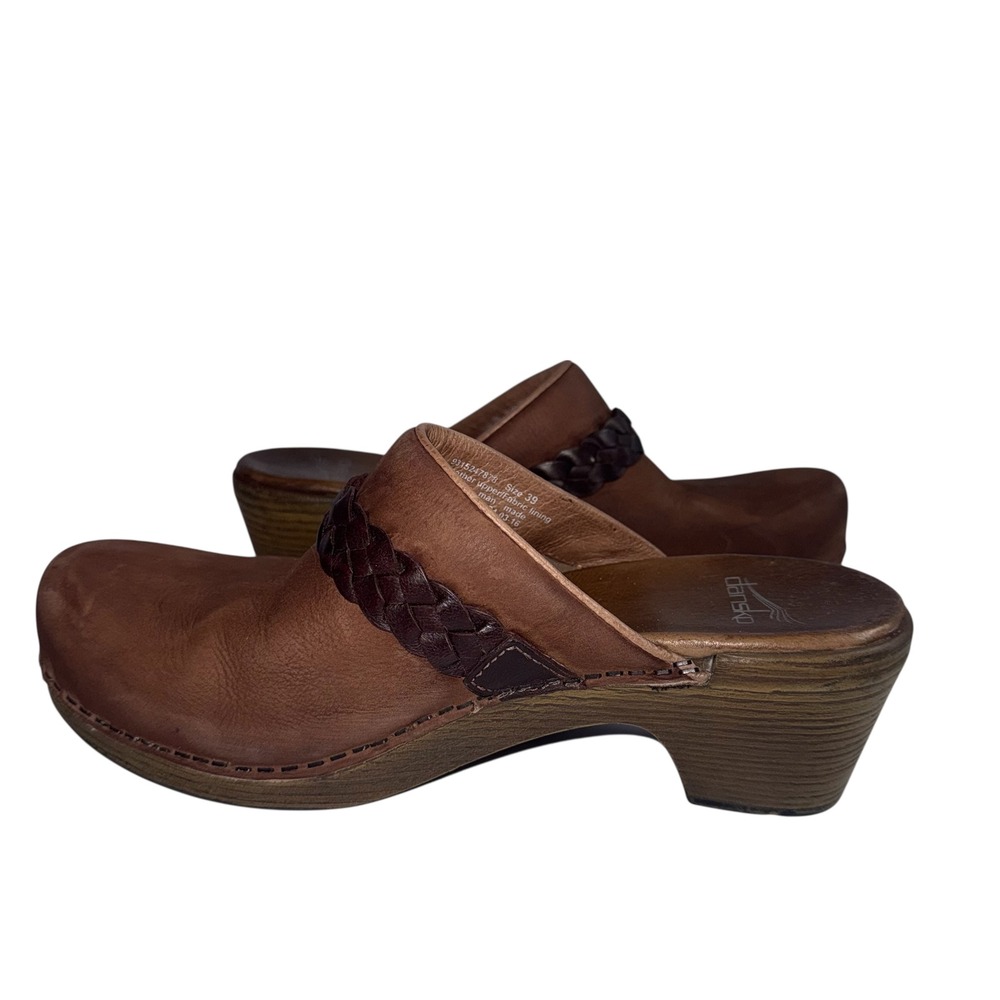 Dansko Brown Leather Braided Buckle Clogs‎ Mules Faux Wood Grain Heel Women's 39 - Picture 4 of 10